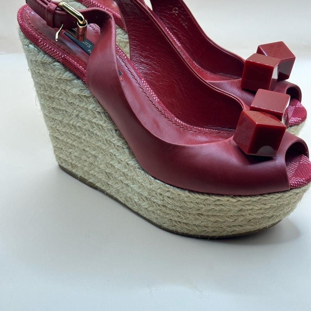 š„LOUIS VUITTON Red Leather, Espadrille & Logo "Dice" Wedge Heels š„ - Picture 14 of 16